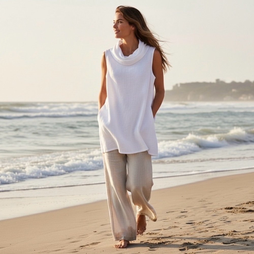 MATCH POINT white cowl neck 100% linen tunic size large minimalist lagenlook